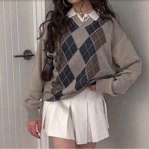 V-Neck Argyle Oversized Sweater